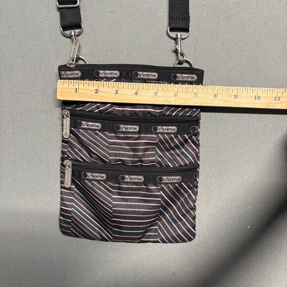 LeSportsac Black Striped Crossbody Travel‎ Bag Multicolor 3 Zipper Adjustable - Picture 16 of 16
